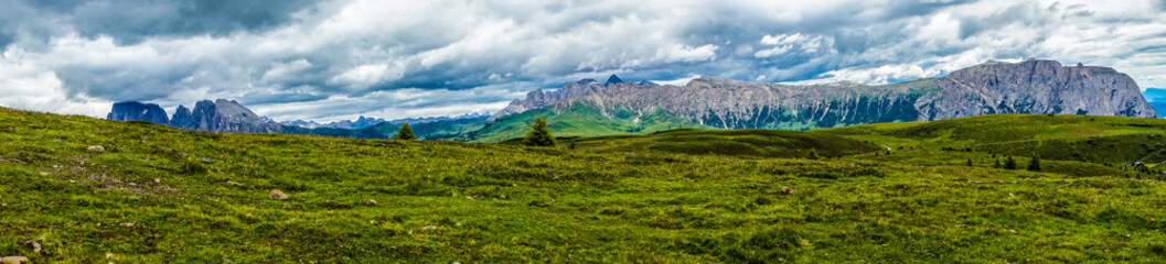 Fototapeta premium Alpe di Siusi, Seiser Alm with Sassolungo Langkofel Dolomite, a large green field with a mountain in the background panorama