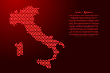 Italy map abstract schematic from red triangles repeating pattern geometric background with nodes for banner, poster, greeting card. Vector illustration.
