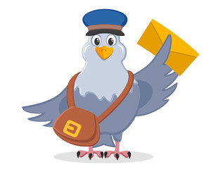 Carrier pigeon in a hat with a bag and a letter in the wings on a white.