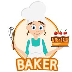 Woman cook baked a cake with cherries. Banner on a white.
