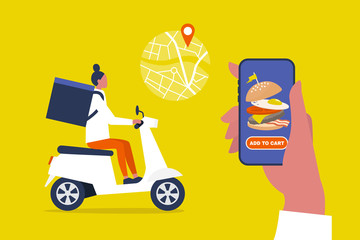 Food delivery service. Mobile application. Young female courier with a large backpack riding a motor bike. Flat editable vector illustration, clip art