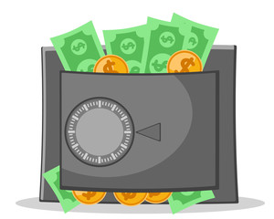 Closed safe full of paper and gold money on a white.