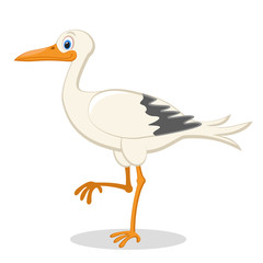 Stork stands on a one paw. Character on a white.