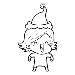 line drawing of a happy woman wearing santa hat