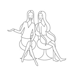Two girl friends are talking. Vector drawing outline black illustration. 