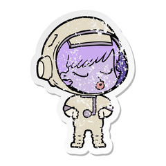 distressed sticker of a cartoon pretty astronaut girl
