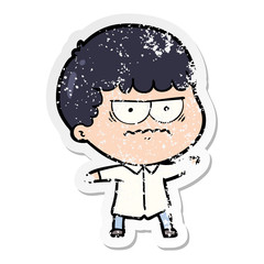 distressed sticker of a cartoon annoyed man