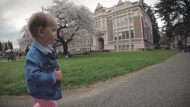 Baby Girl Walking Washington University Cherry Blossom Hall