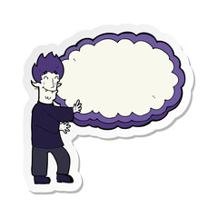 sticker of a cartoon vampire with text bubble