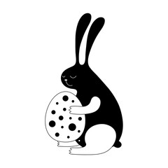 Cartoon Easter bunny illustration with sweet bunny holding an egg. Cute vector black and white Easter bunny illustration. Monochrome Easter bunny illustration for prints, posters, t-shirts and cards.