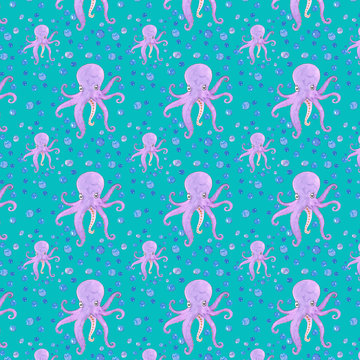 Cute Octopus Kids Watercolor Sea Animal Pattern Background