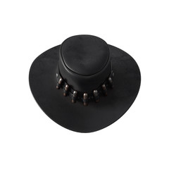 3d illustration of black cowboy hat with rusty bullets. Western gunslinger cowboy hat. Traditional accessories of American cowboys. Gangster hat of the wild west. 3D rendering on white background.