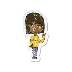 retro distressed sticker of a cartoon woman waving