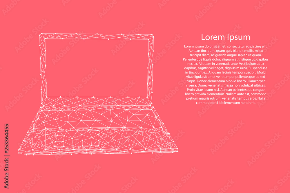Poster laptop open notebook portable from abstract futuristic polygonal white lines and dots on pink rose c