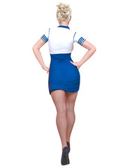Beautiful woman Stewardess.Air hostess flight girl.Short white and blue dress, black stocking.Conceptual fashion art.Green eyes.Seductive candid pose.Realistic 3D render illustration.Isolate, high key