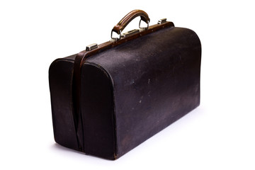 Brown leather old luggage bag isolated on white. Brown vintage valise isolated on a white background. Part of set.