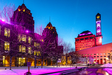 Mississauga, Canada, February 14, 2019: The Square One during the winter, centre of Mississauga city part of greater Toronto area.