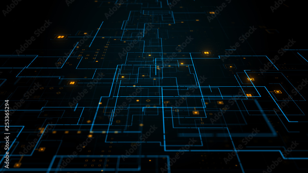 Poster 3d render abstract digital background with thick and thin lines. square particles. depth of field an