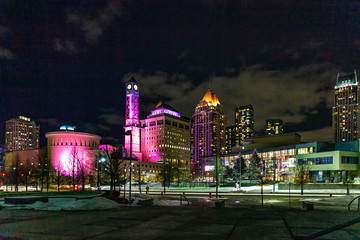 Mississauga, Canada, February 14, 2019: The Square One during the winter, centre of Mississauga city part of greater Toronto area.