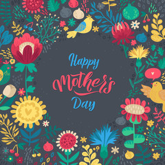 Fototapeta na wymiar Happy Mothers Day Calligraphy Design on Floral Background. Vector illustration. Womans Day Greeting Calligraphy Design in Bright Colors. Template for a poster, cards, banner Vector illustration