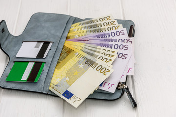 Euro banknotes with credit card in wallet