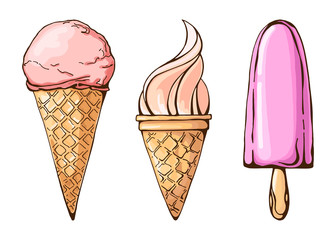 Color sketch of ice cream. A set of different ice cream.