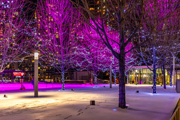 Mississauga, Canada, February 14, 2019: Park at the Square One during the winter, centre of Mississauga city