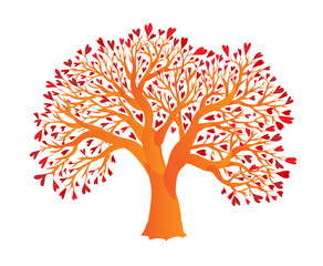 Tree with red heart leaves, isolated on white