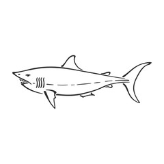 White shark character abstract ink hand drawn vector logo cartoon. Simplified retro illustration. Ocean blue. Sea animal curve paint sign. Doodle sketch. Element for design, wallpaper, fabric print.