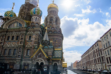 View of buildings, streets, bridges, rivers and canals of St. Petersburg, Russia.