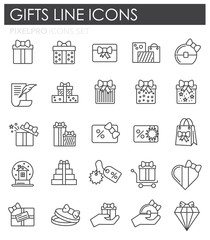 Gifts line icons set on white background for graphic and web design. Simple vector sign. Internet concept symbol for website button or mobile app.