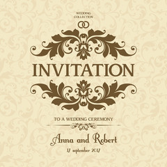 Wedding invitation with ornate frame on seamless decor pattern. Greeting postcard, wedding background in vintage style.