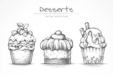 Dessert set. Food icons. Cake, ice cream, cupcake, sweets. Pencil sketch collection vector illustration