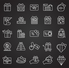 Gifts line icons set on black background for graphic and web design. Simple vector sign. Internet concept symbol for website button or mobile app.