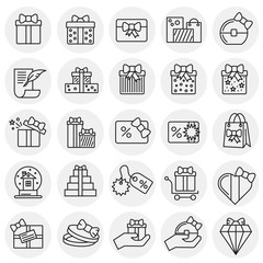 Gifts line icons set on circles background for graphic and web design. Simple vector sign. Internet concept symbol for website button or mobile app.