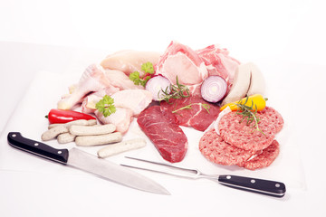 Fototapeta na wymiar raw meat. Different types of raw pork meat, chicken and beef with spices and herbs
