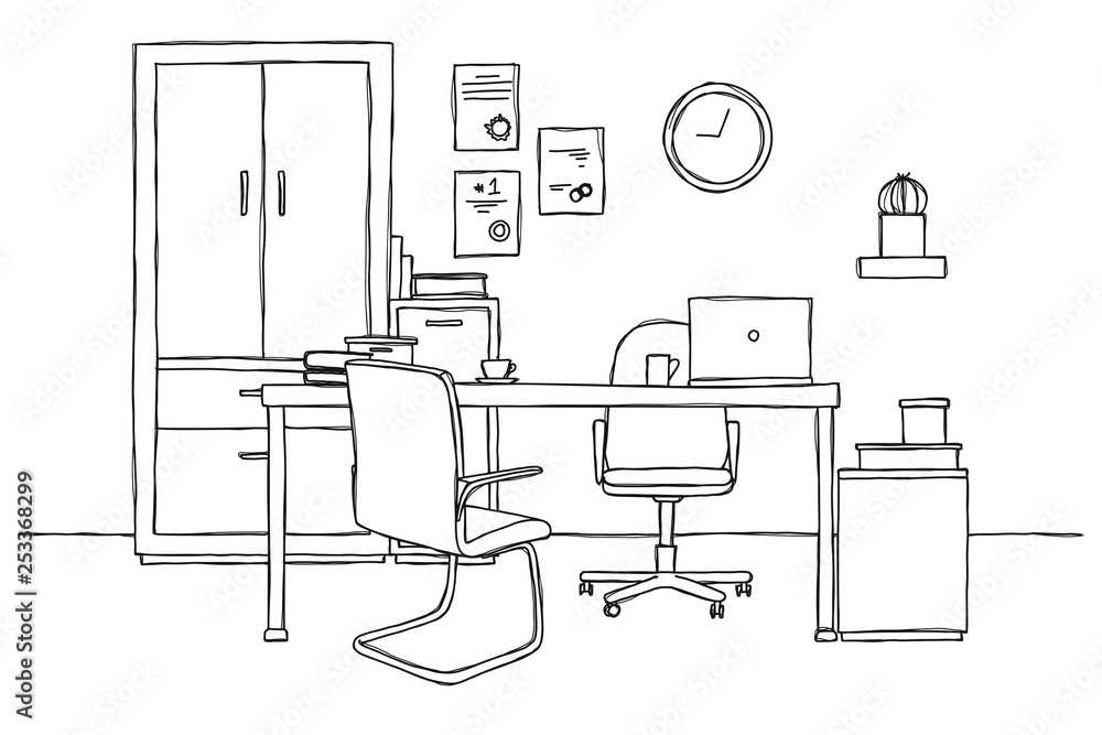 Poster sketch the room. office chair, desk, various objects on the table. sketch workspace. vector