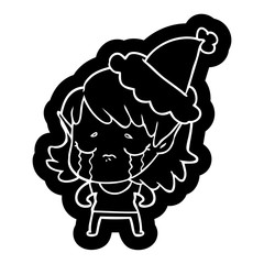cartoon icon of a crying elf girl wearing santa hat