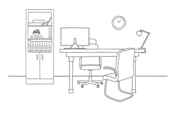 Sketch the room. Office chair, desk, various objects on the table. Sketch workspace. Vector