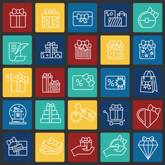 Gifts line icons set on color squares background for graphic and web design. Simple vector sign. Internet concept symbol for website button or mobile app.