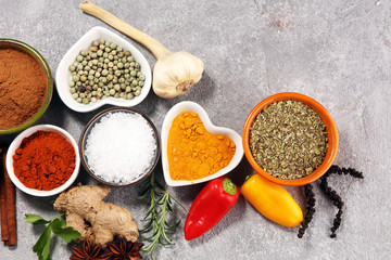 Spices and herbs on table. Food and cuisine ingredients.