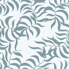 Abstract floral seamless texture with grey leaves of palm tree on light grey background. Hand drawn monochrome shape branches. Cute surface pattern design textile. Wallpaper, textile templates. Vector
