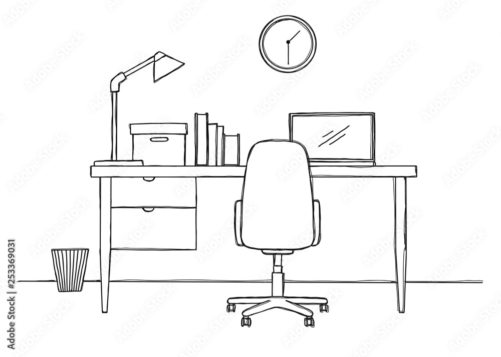 Poster sketch the workplace in front of the computer. vector