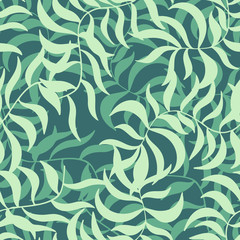 Abstract floral seamless texture with soft green leaves of palm tree on dark background. Hand drawn shape branches. Cute surface pattern design textile. Wallpaper, wrapping templates. Vector