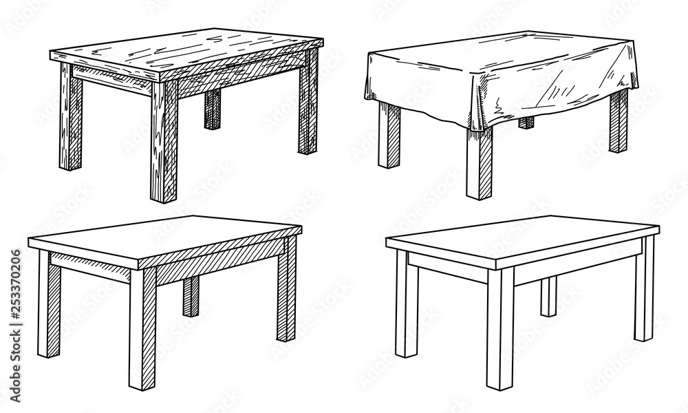 Aufkleber realistic sketch of different tables in perspective. table set. vector