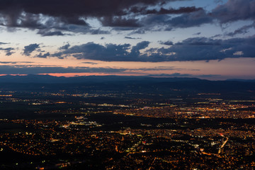 View to the Sofia city at dusk. View from the Kopitoto Hill, Vitosha Mountain, Bulgaria