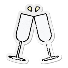 distressed sticker of a cute cartoon clinking champagne flutes