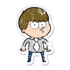 distressed sticker of a cartoon nervous boy in shirt and tie