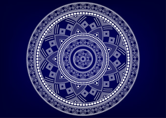 Vector blue background of a round pattern in the form of a mandala. Ancient decorative elements. Islamic, Arab, Indian, Ottoman motifs. Can be used for textile, greeting card, coloring book
