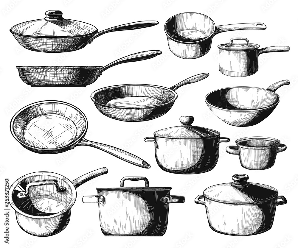 Poster set of frying pan and different pots isolated on white background. vector